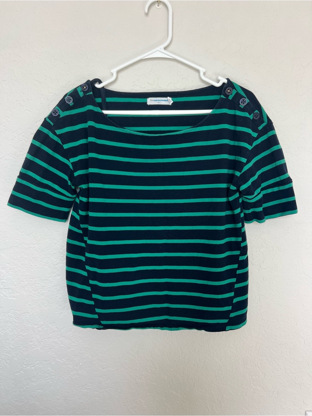 Anthropologie Pilcro Top L Green Navy Stripe Button Shoulder Nautical Rugby